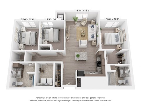 Floor plan for 3 beds, 2 baths, 1309 sqft